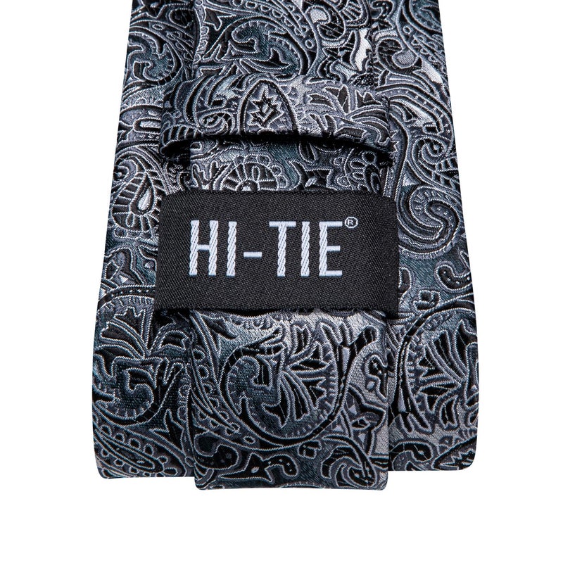 Hi-Tie Men 63inches Tie Set Extra Long Necktie Paisley Tie Pocket Suqare Cufflinks Big and Tall Men Tie,Black Grey - Image 5